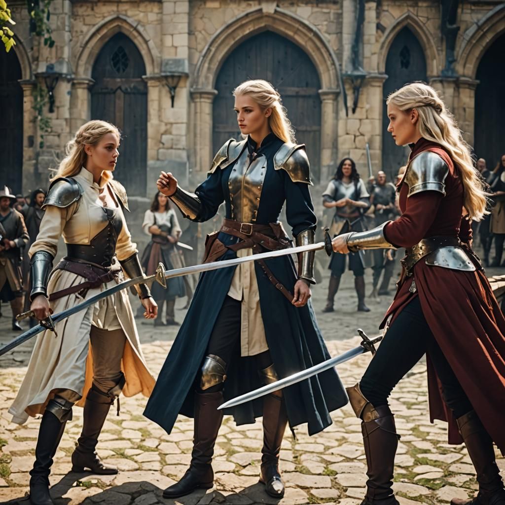 Lady teaching young girls how to use sword...
