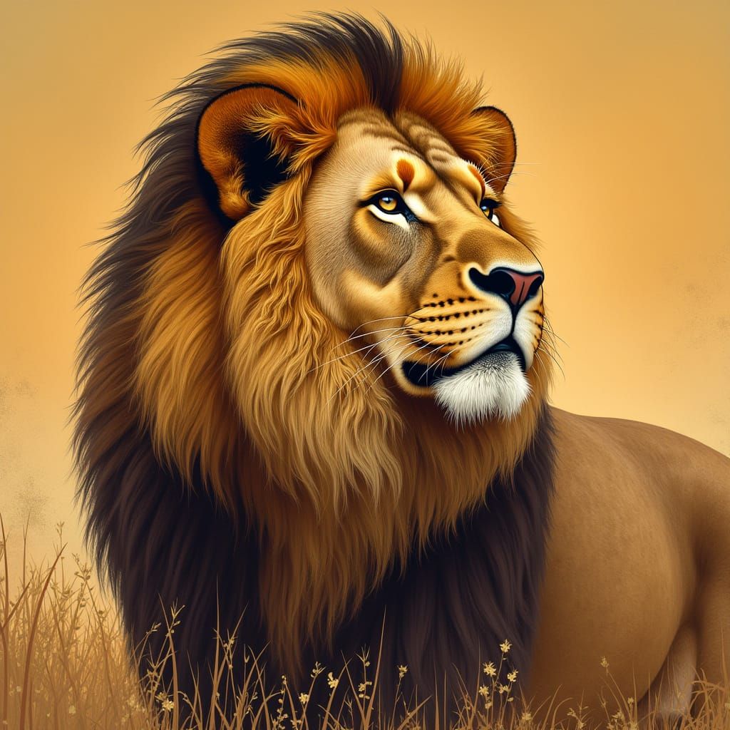 Majestic Lion on Savannah in Retro Sci-Fi Style