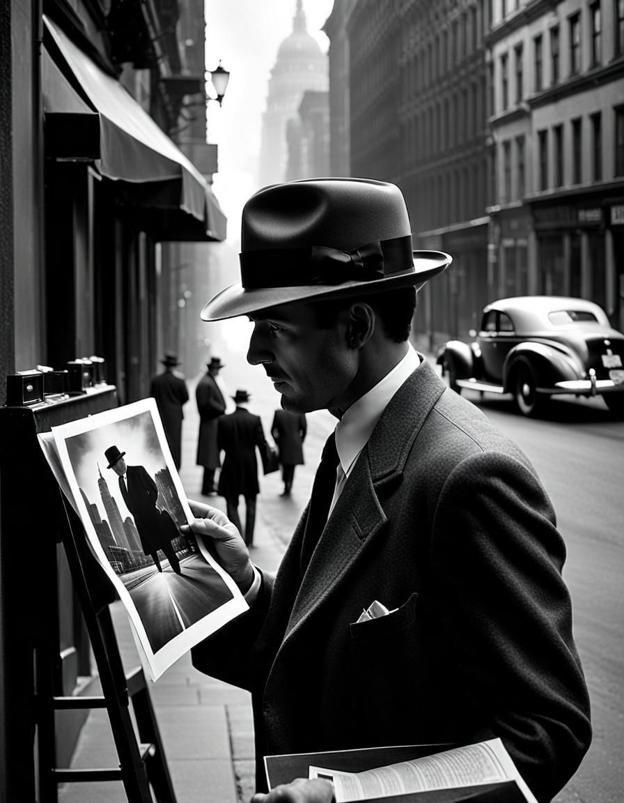 Film Noir Detective Examines a Picture