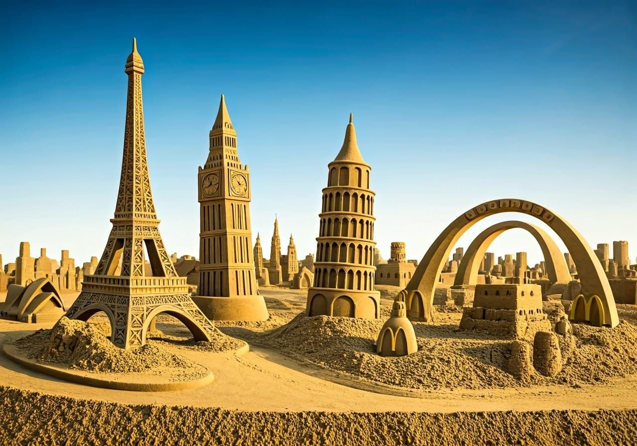 Sandcastle Monuments: Eiffel Tower, Big Ben, Leaning Tower