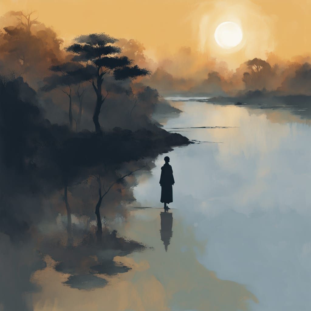 Tusche Painting of Riverside Sunset