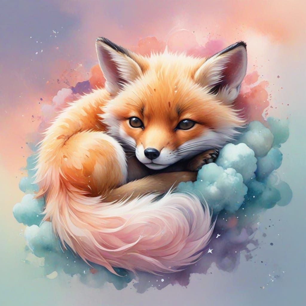 Kawaii Fox Cub Asleep on Cloud
