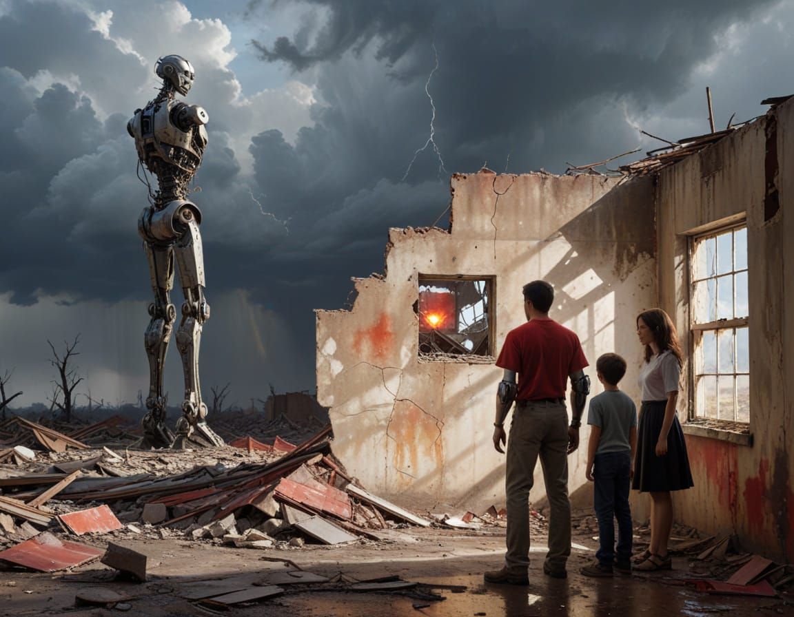 Robot, Boy, Girl Contemplate Past in Ruined Room