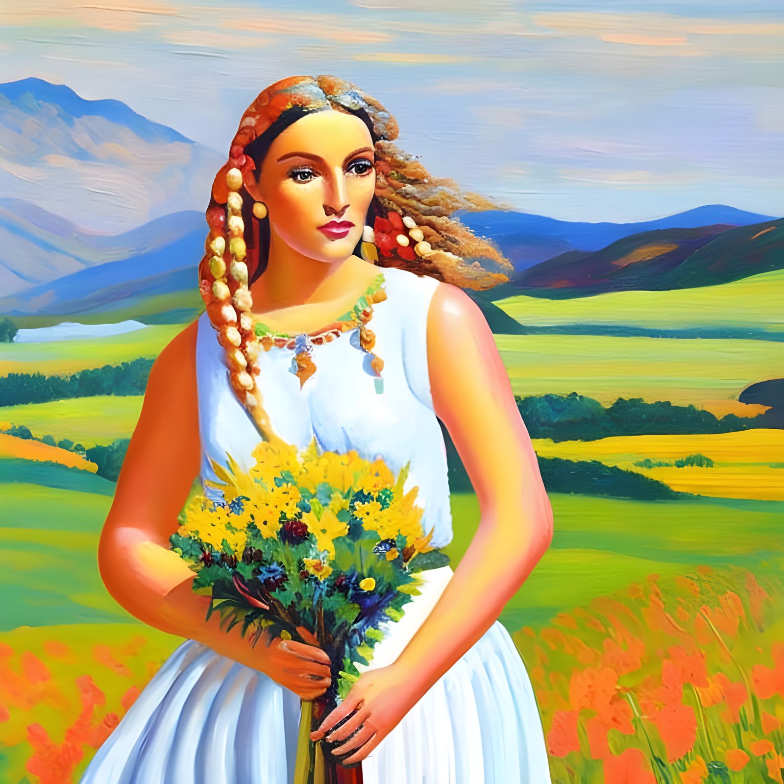 Beautiful Woman in Wildflowers, Neo-Impressionist Oil Painti...