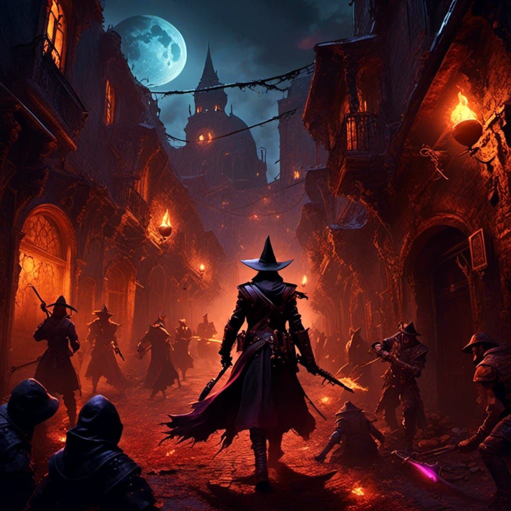 Witch Hunter in Dark Alleys: A Horror Scene