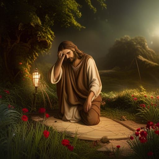 Jesus Christ Praying in Garden: Detailed Matte Painting