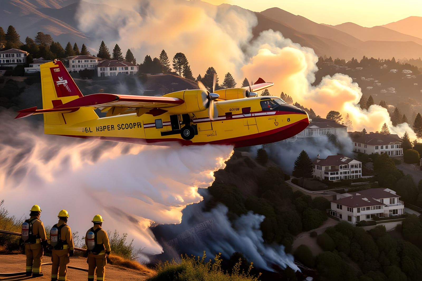 Super Scooper Aircraft Fighting Wildfire in Pacific Palisade...