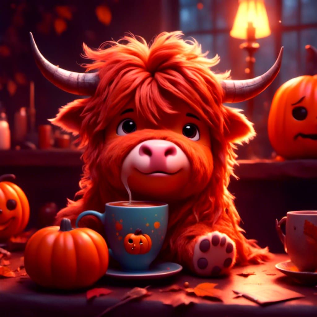 An cute adorable chibi pumpkin-Highland cow drinking a cup of mocha in the morning trying to wake up while looking at th...