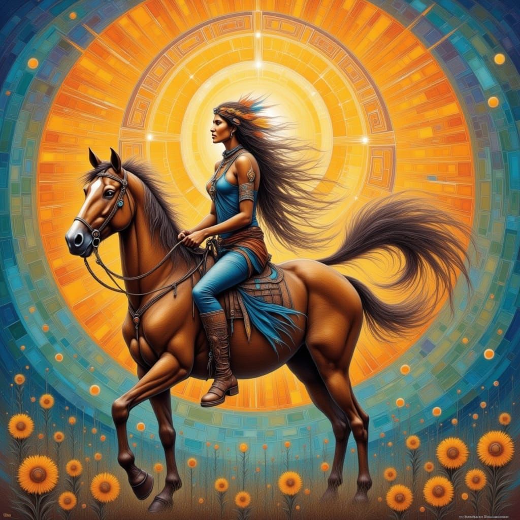 A Native American woman in blue jeans and moccasins riding her pony Underneath an ornate large Sun with halos and the fo...