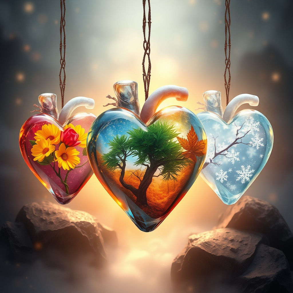 Seasons Encased: Crystal Hearts in Dreamlike Setting