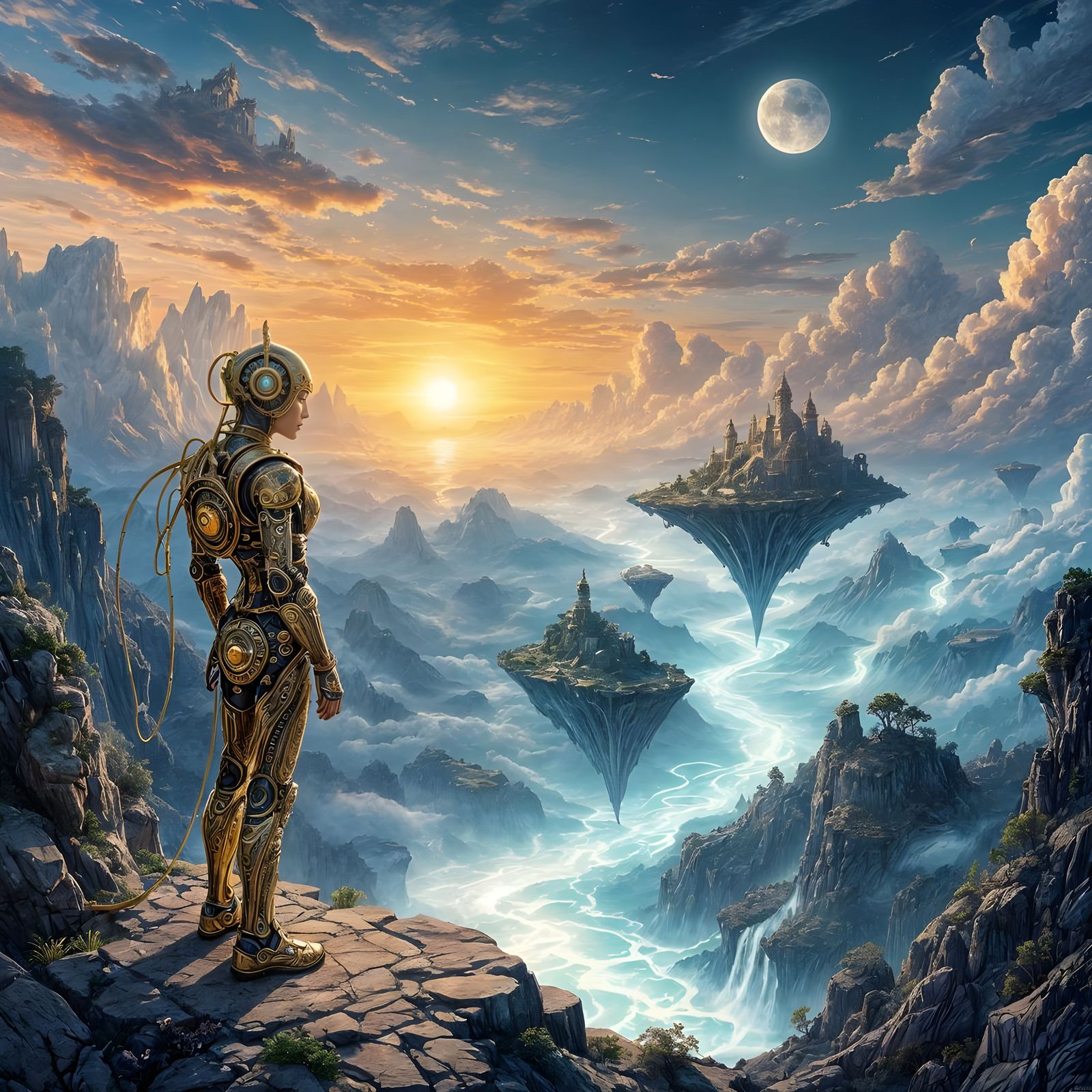 Brass Automaton Patrolling Surreal Dreamscape