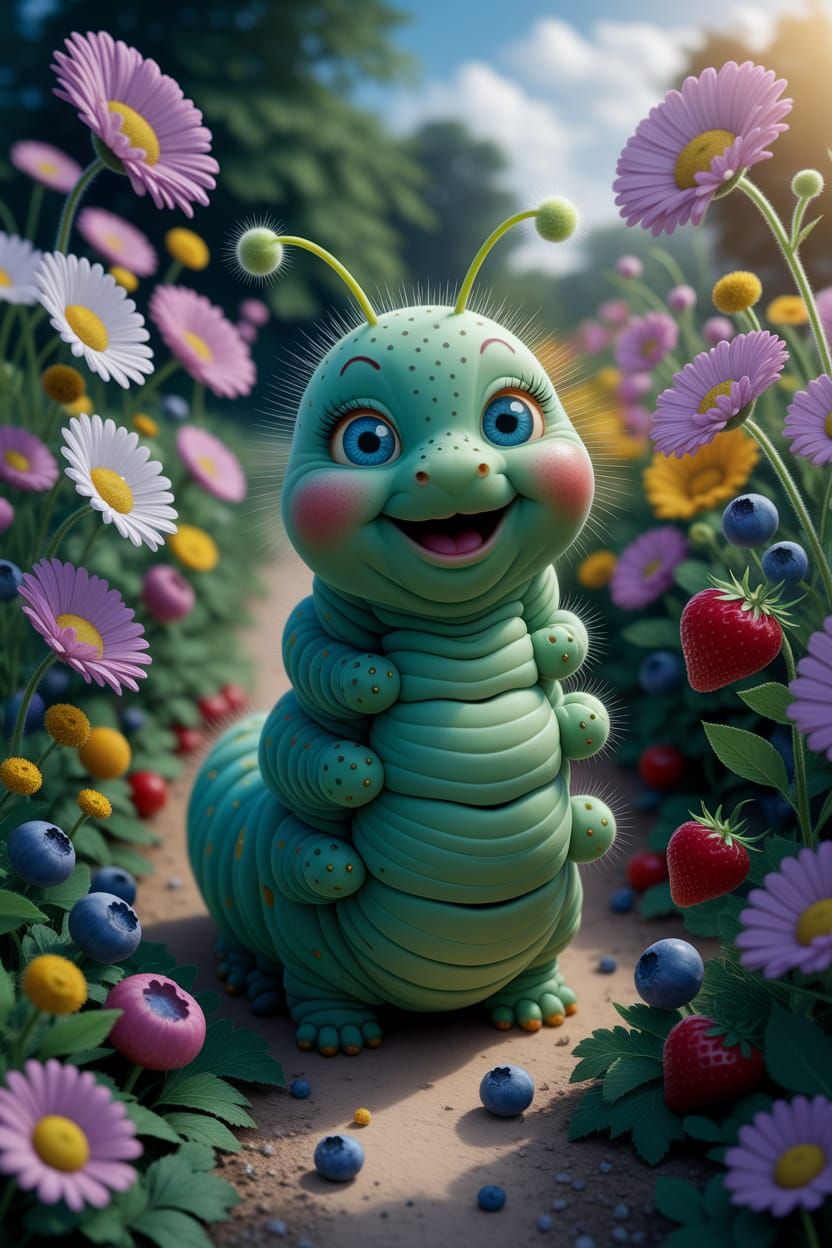 Cheerful Caterpillar in Sun-Drenched Garden: Digital Art