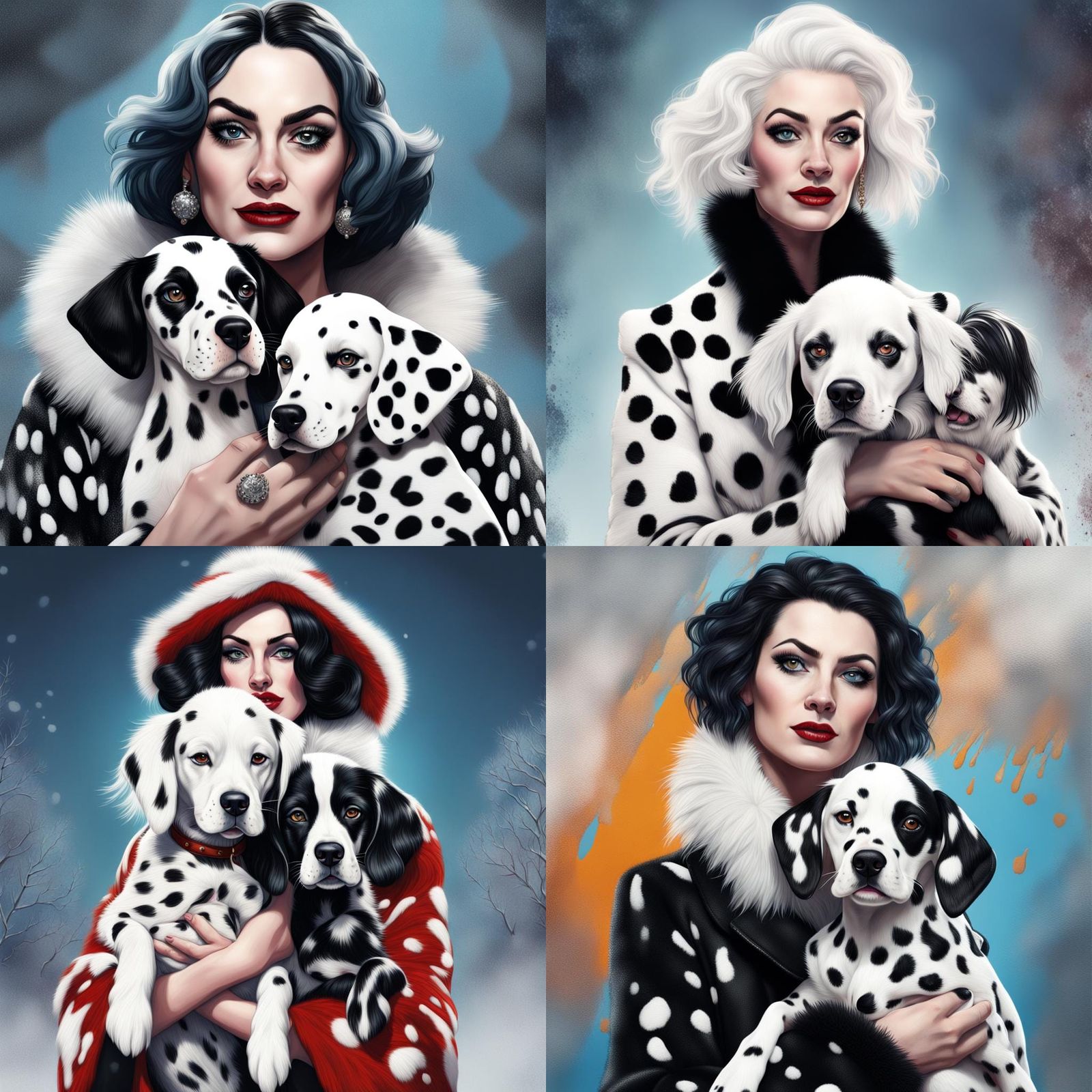 Cruella Deville with Dalmatians in Hyperrealistic Splash Art
