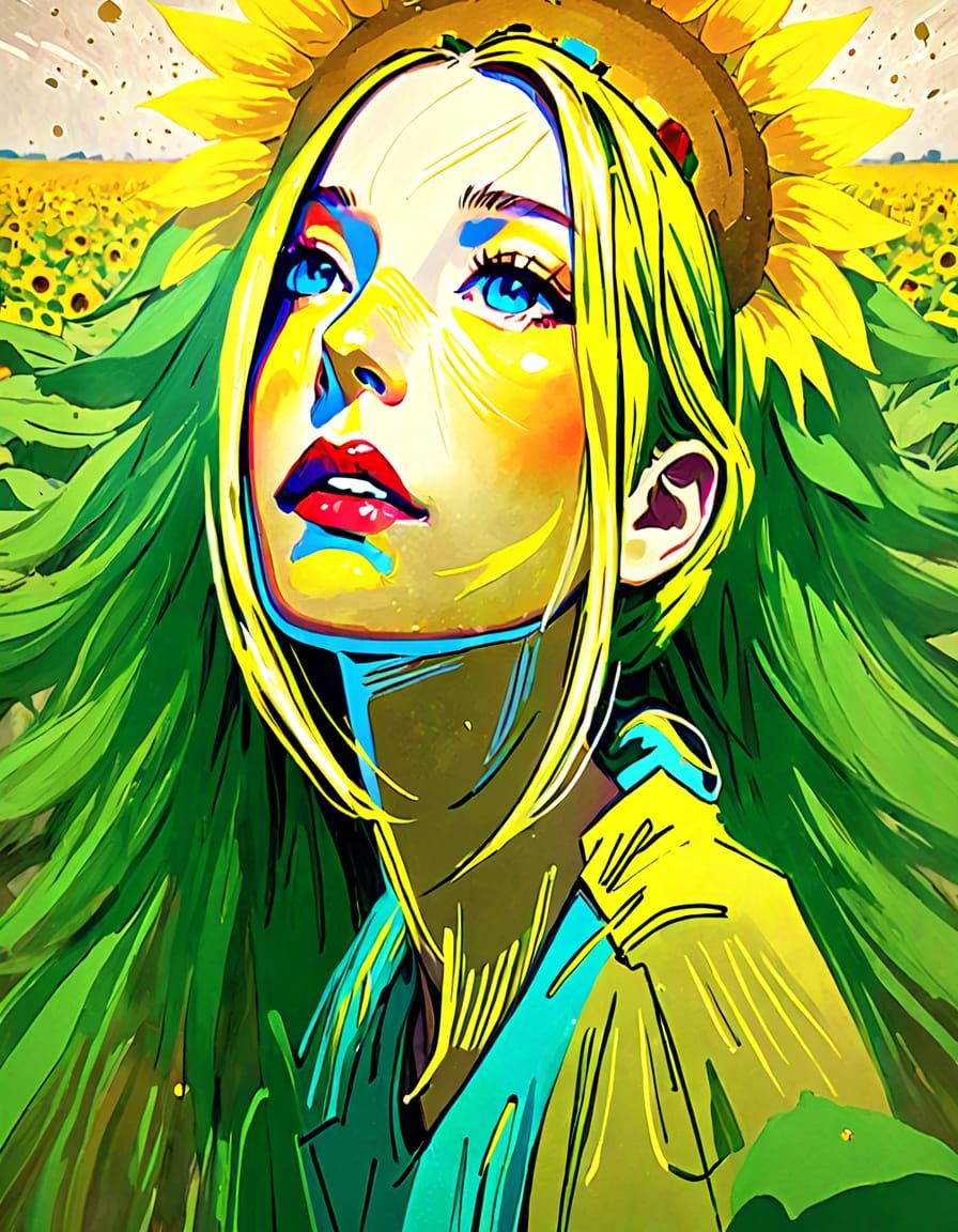 Surreal Sunflower Field Scene in Vibrant Expressionist Style