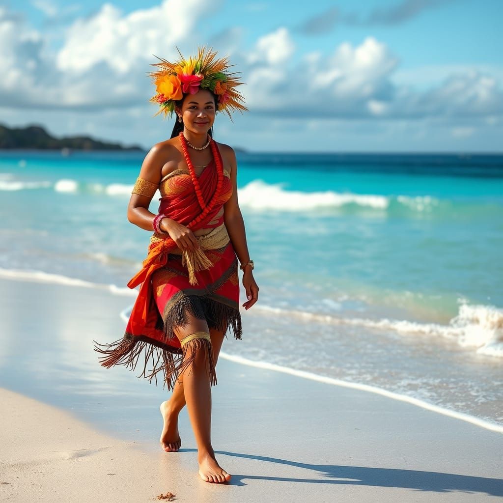 Tahitian Beauty Walks on Exotic Beach
