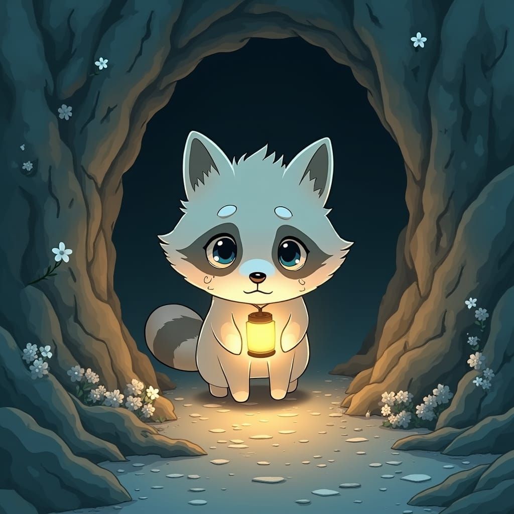 Anime Raccoon Dog Emerging from Forest Cave
