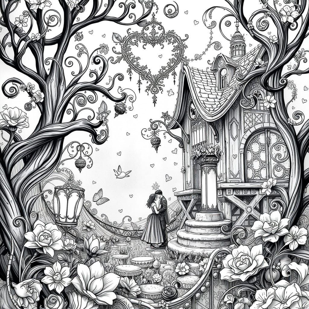 Whimsical Valentine's Day Fantasy Scene in High-Contrast Bla...