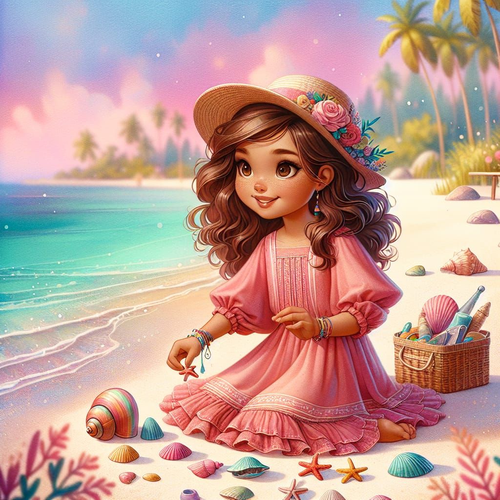 Girl with Brown Curls Plays on Beach in Summer