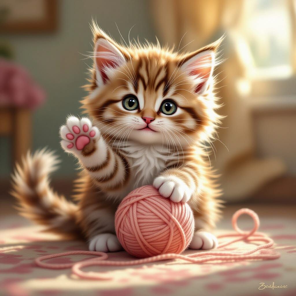 Charming Kitten Plays With Yarn in Hyperrealistic Style