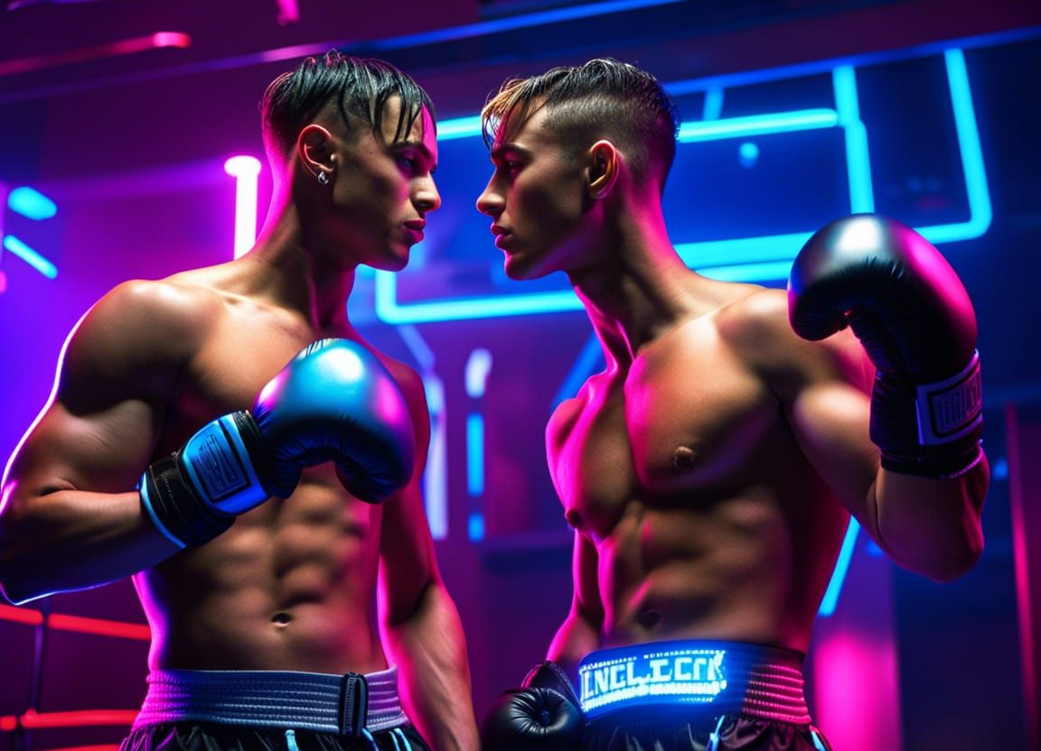 Cyberpunk Boxing: Two Youths Embrace