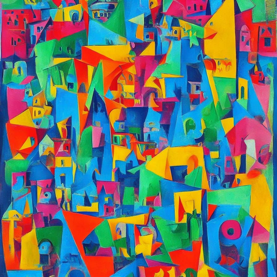 Colorful Fantastical Cityscape in Playful Cubist Style