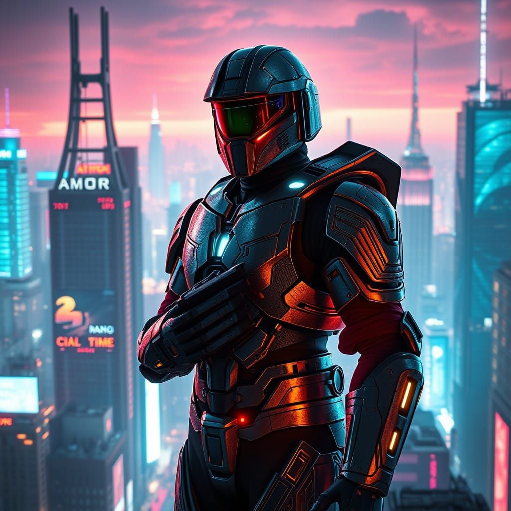 Cyberpunk Warriors in Neon Exosuit Armor Clash on Futuristic...