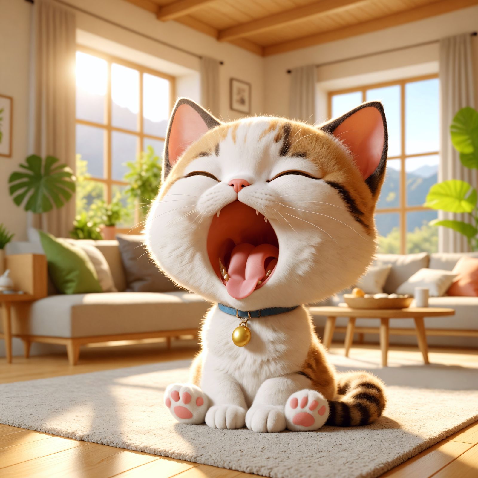 Cute CGI Cat Yawning in Sunny Living Room