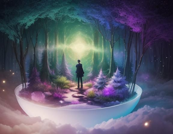 Dreamy Terrarium with Starry Forest Double Exposure