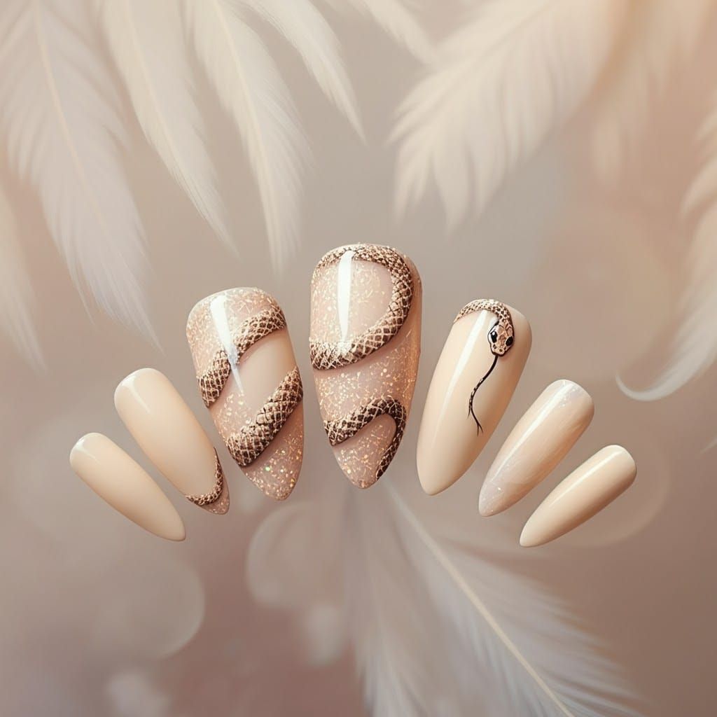 Elegant Snake Nail Art in Shimmering Beige Glitter