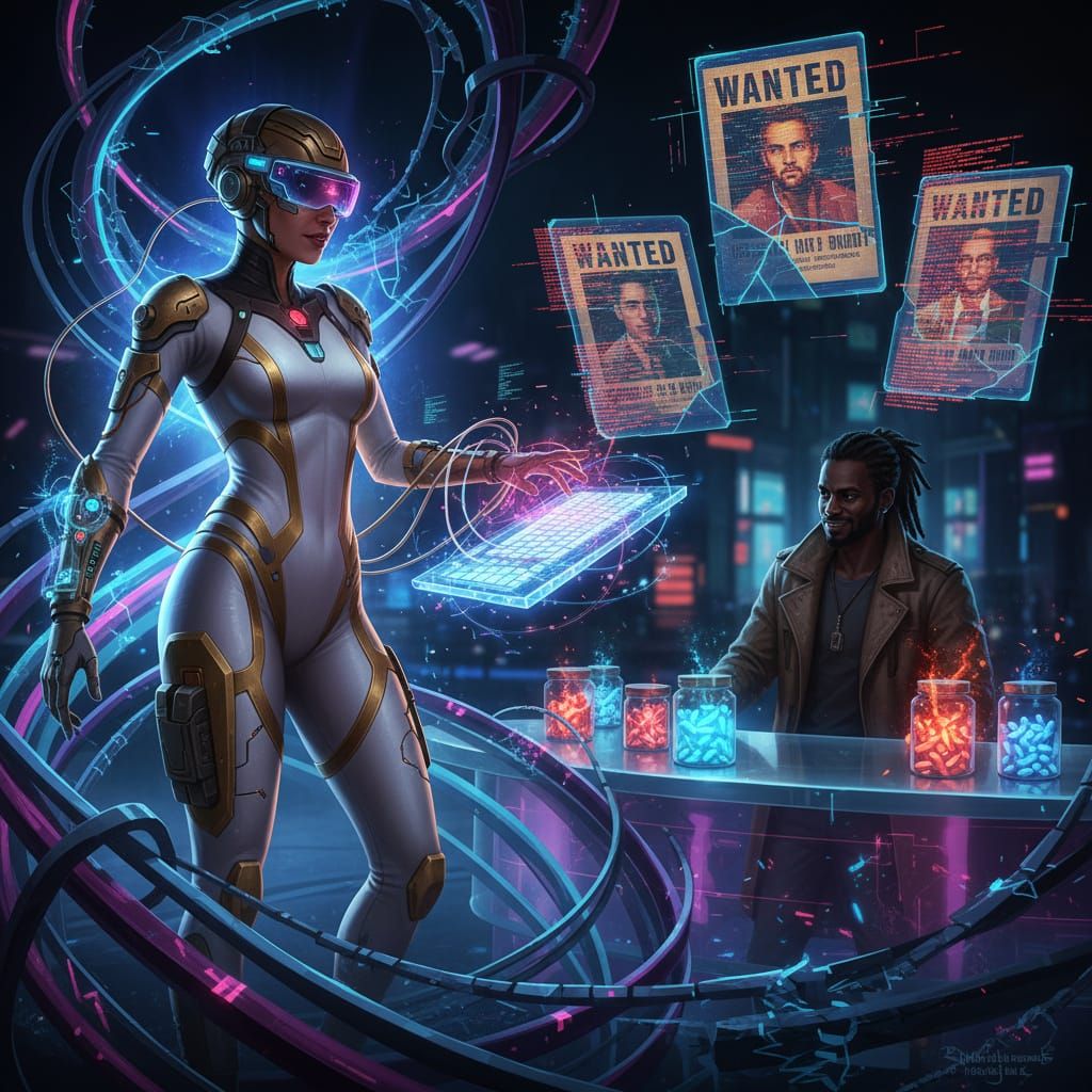 Cyberpunk Netrunner in White and Gold Suit with Wanted Poste...