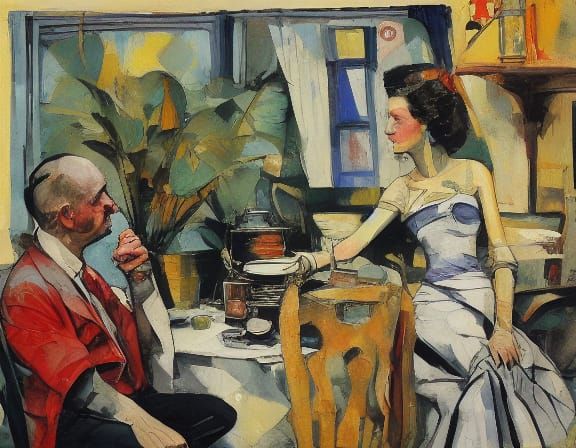 Couple Watches TV by Christmas Tree in Expressive Style