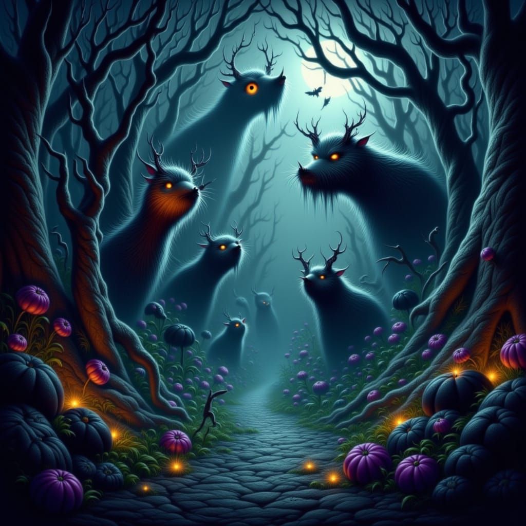 Dark Fantasy Creatures With Sparkling Eyes In Moody Forest