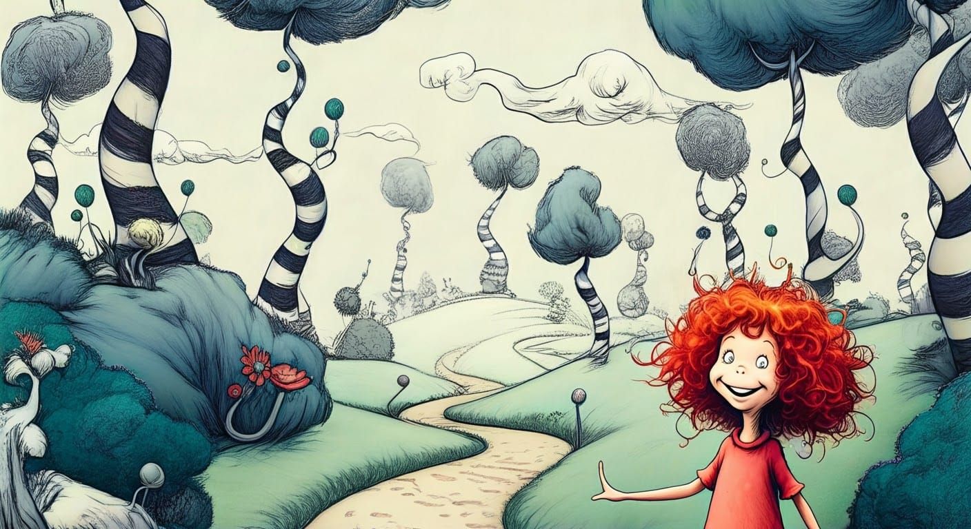 Whimsical Girl in Storybook Landscape, Dreamlike Illustratio...