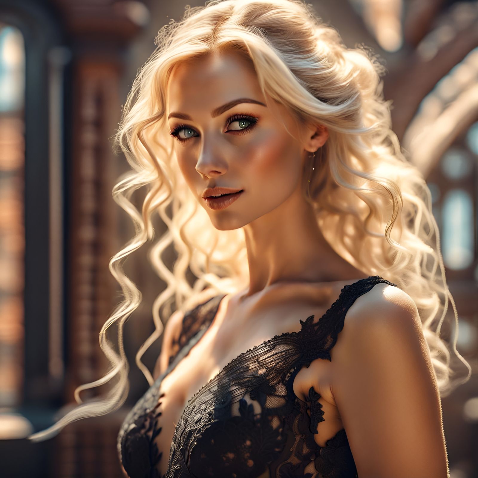 Flirty Blonde Bride in Black Lace Dress