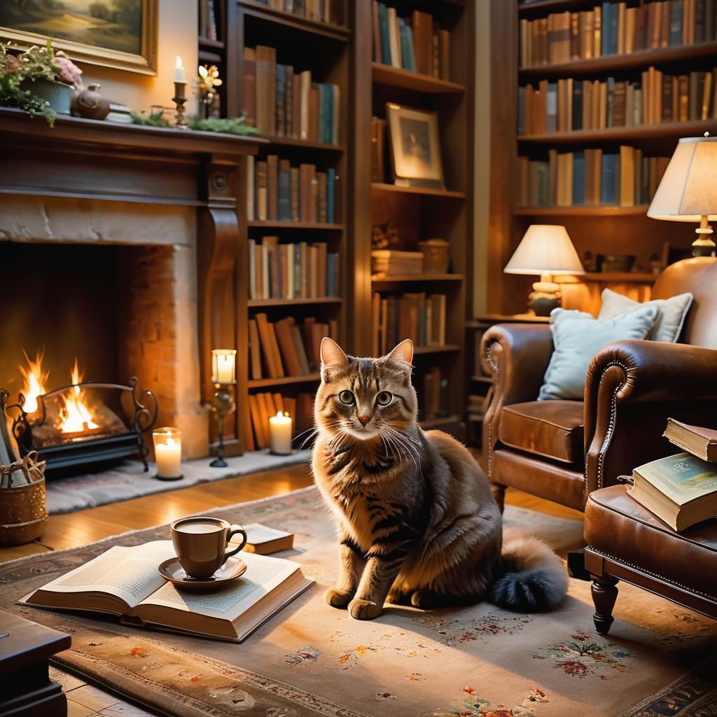 Serene Cat Nap by the Fireplace in a Cozy Lounge