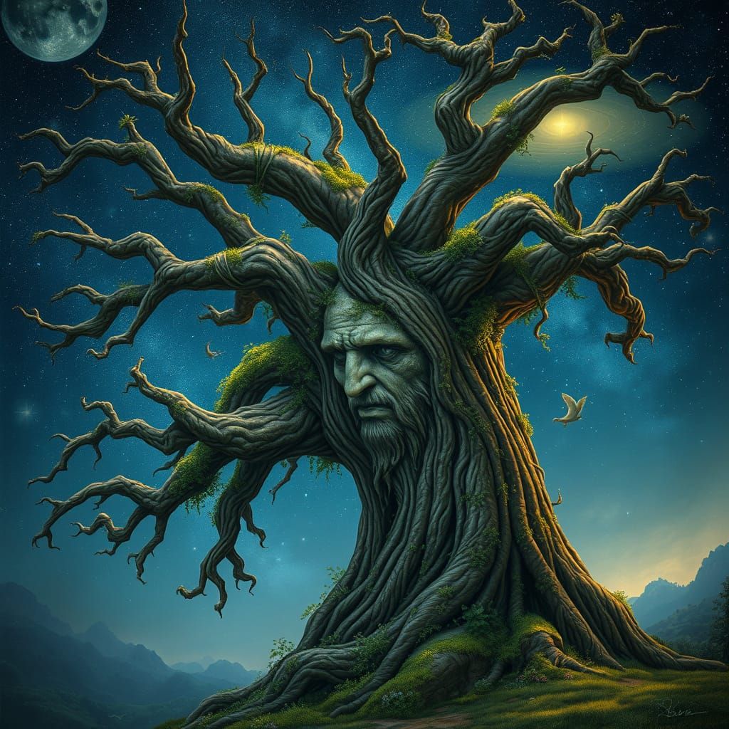 Ancient Tree with Face Under Starry Constellations