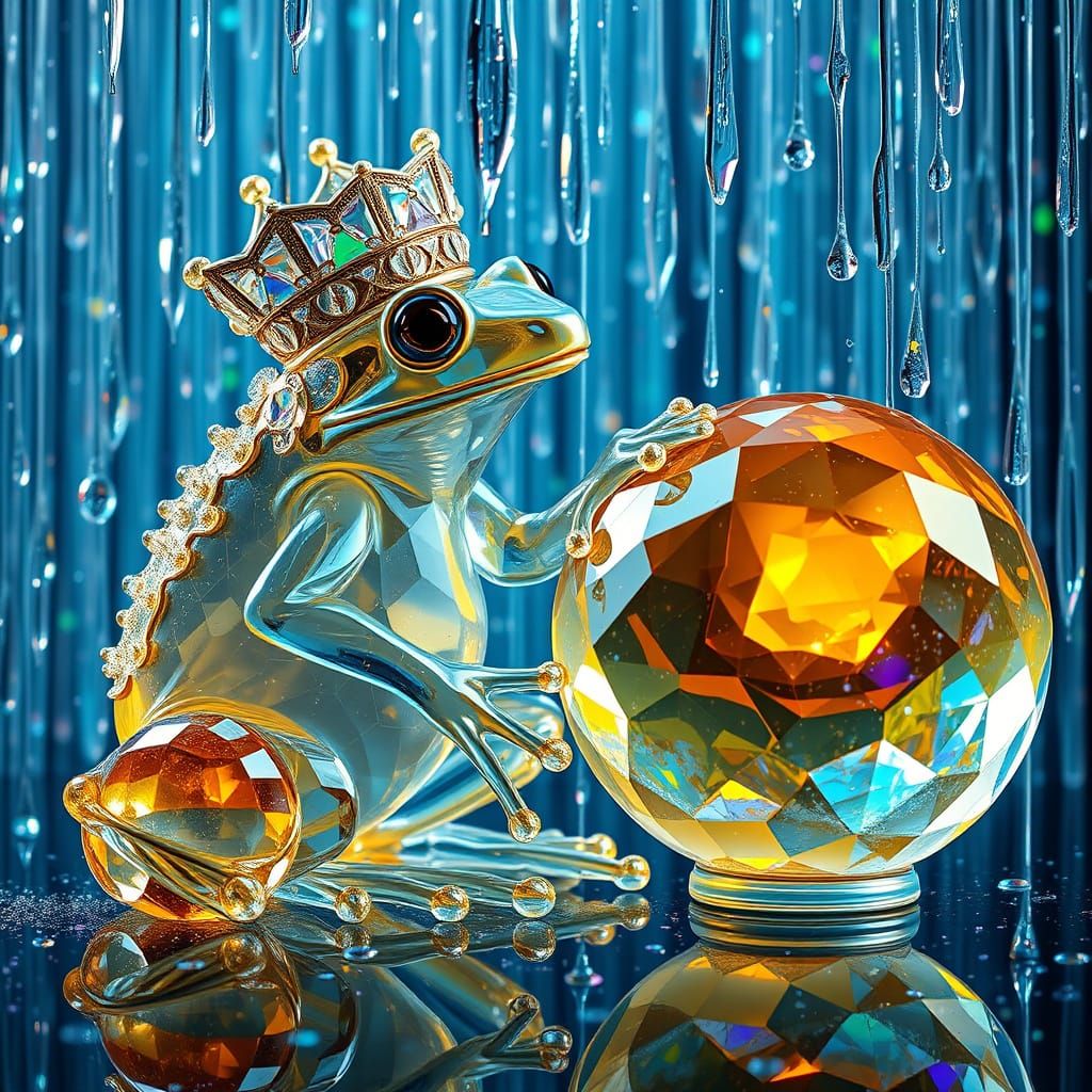 Crystal Frog King Amidst Kaleidoscopic Crystal Rain