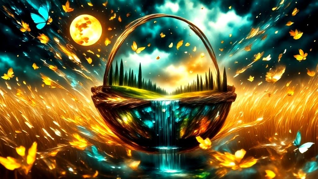 Surreal Harvest Basket Under Full Moon