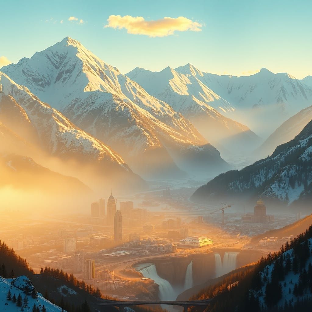 Cityscape Below Waterfalls: Dreamlike Concept Art