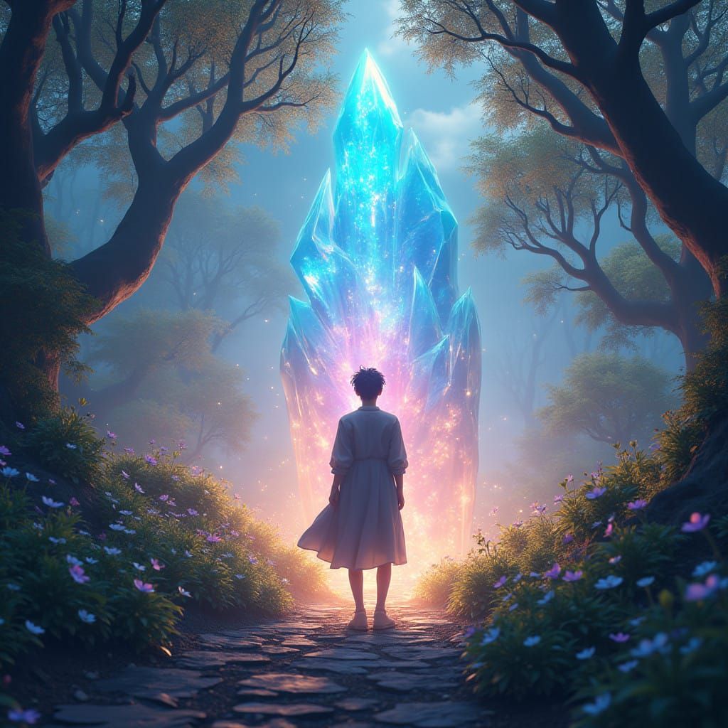 Hyunjin in a Dreamlike Realm of Vibrant Foliage and Ancient....