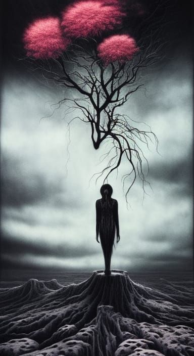 Dark-Goth-styled TIRED-Vampire  with scary-Flowers on a beac...