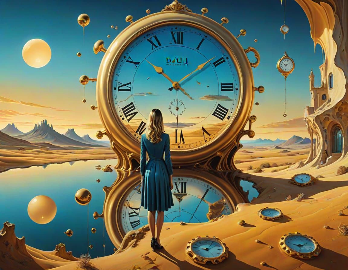 Surreal Dreamscape with Woman and Salvador Dalí in Golden Ho...