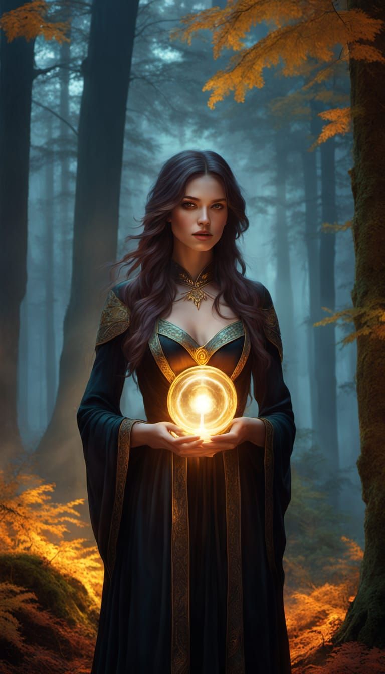 Young Witch Casting Love Spell in a Misty Forest