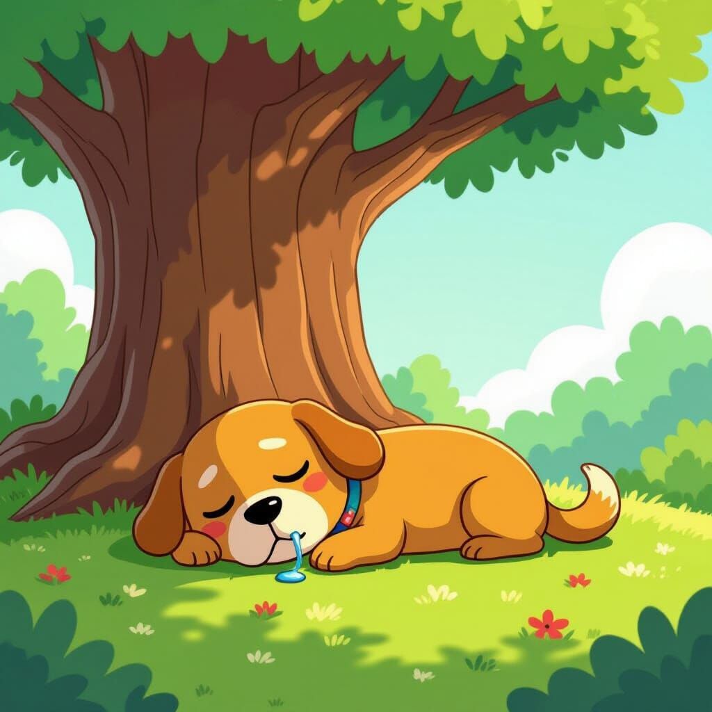 Jake the Dog Sleeps Under a Tree, Drooling in Cartoon Style