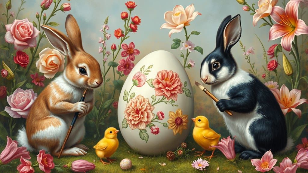 Rabbits and Chicks Painting Easter Eggs