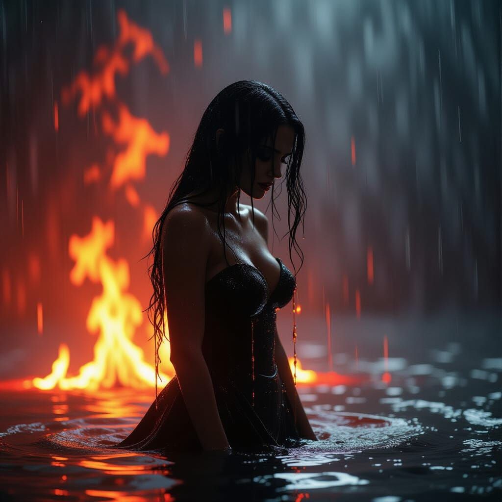 Ethereal Woman in Fiery Rainstorm