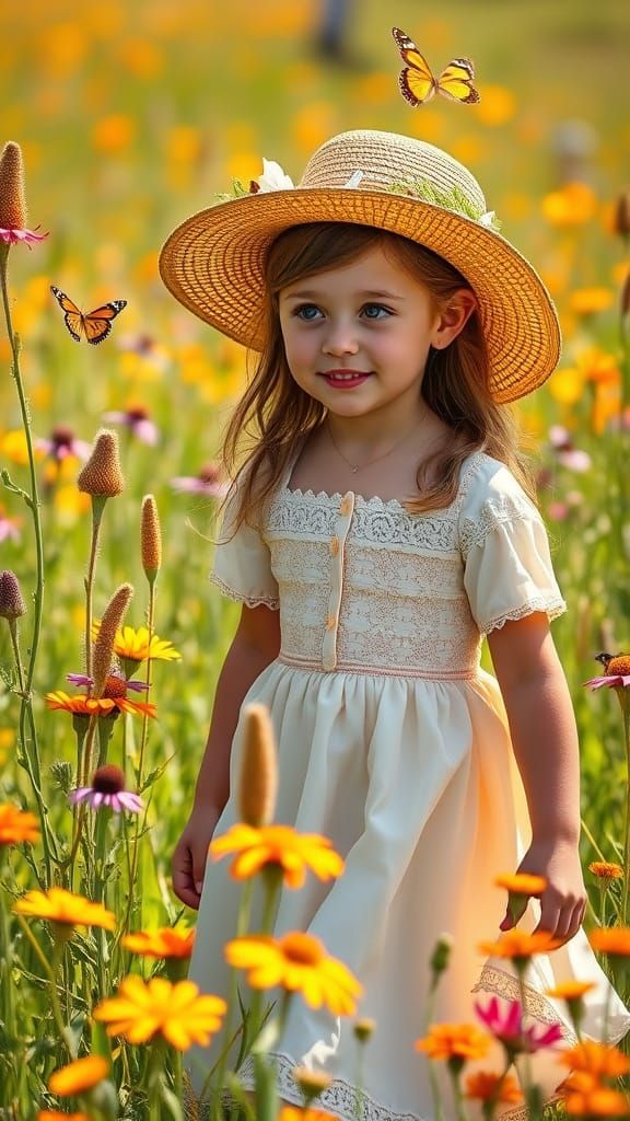 Young Girl Walks Through Sunlit Meadow with Wildflowers