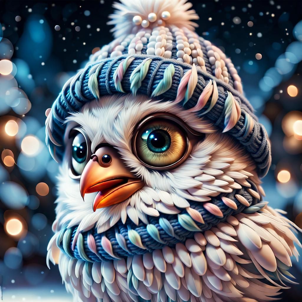 Cute Pearlescent Bird with Knitted Hat in Snowy Scene