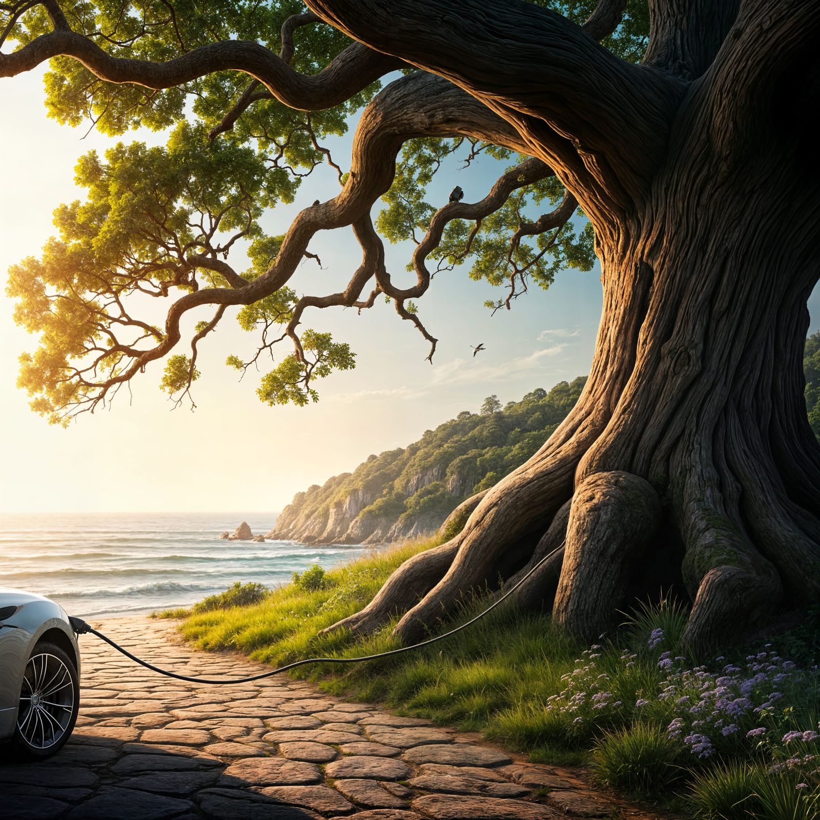 Golden Light Illuminates Oak Tree Charging a Modern Electric...