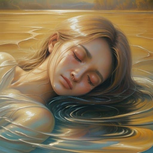 Angel Crying by River in Surrealist Oil Painting